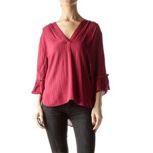 Stockholm Atelier Red V-Neck Ruffled 3/4 Sleeves Flared Blouse